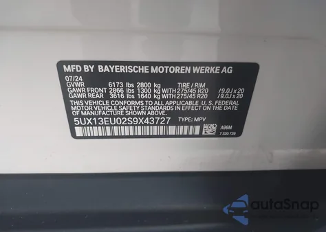 2025 BMW X5 Sdrive40I из США, поврежденный, VIN 5UX13EU02S9X43727